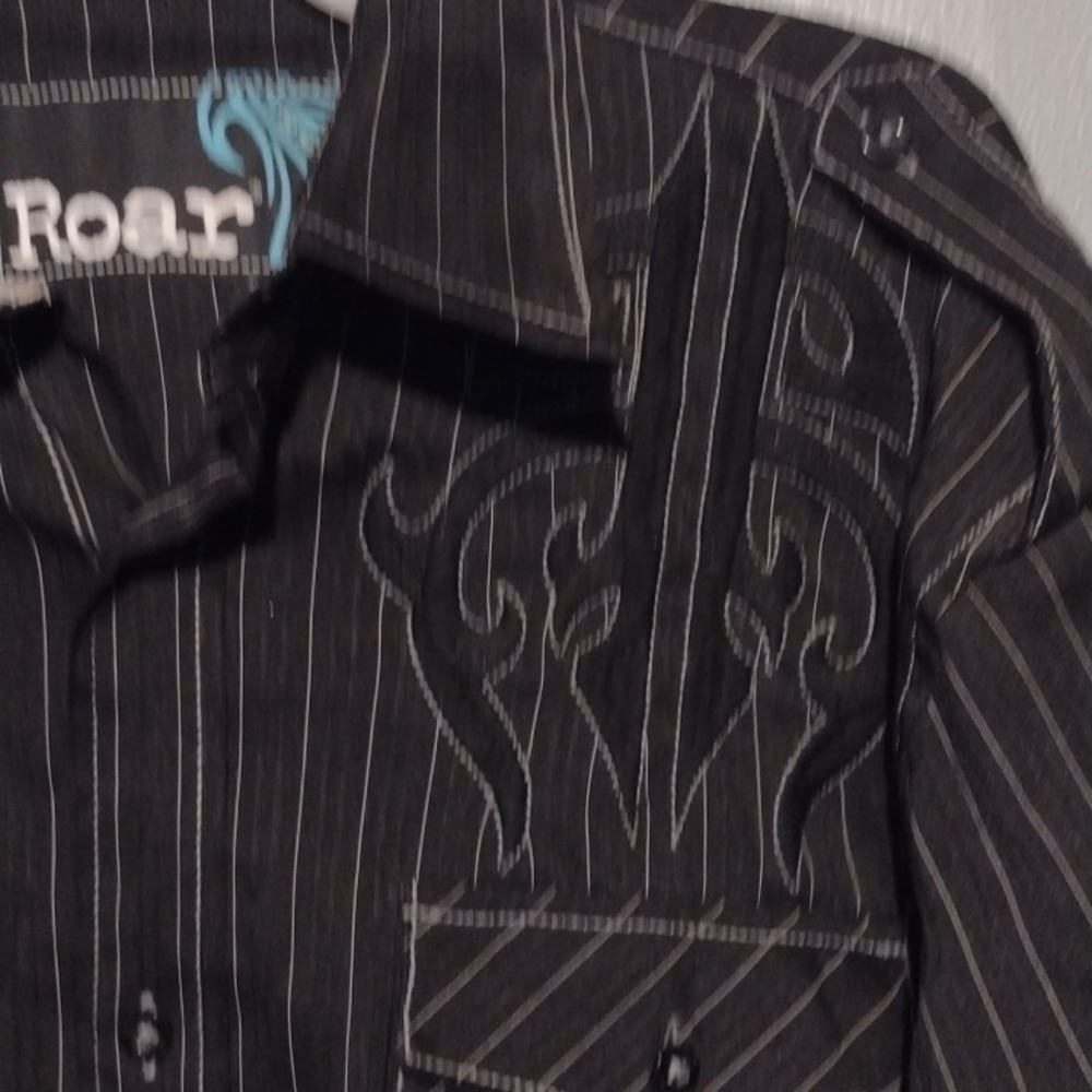 roar men's medium dress shirt size medium black and white white pinstripes - Picture 5 of 11